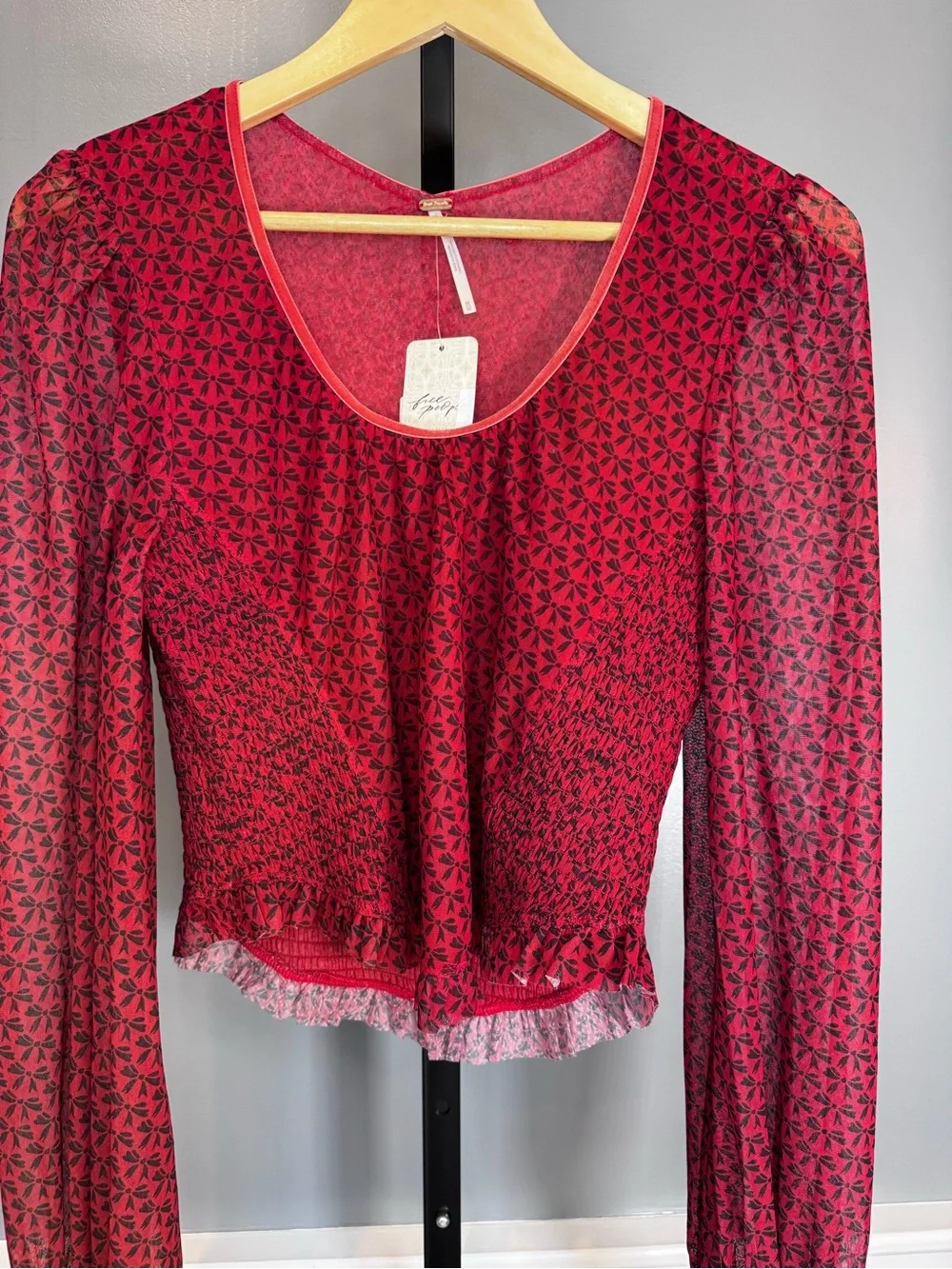 Free People Dottie Knit Top Salsa Red Floral Smocked Blouse Medium NWT